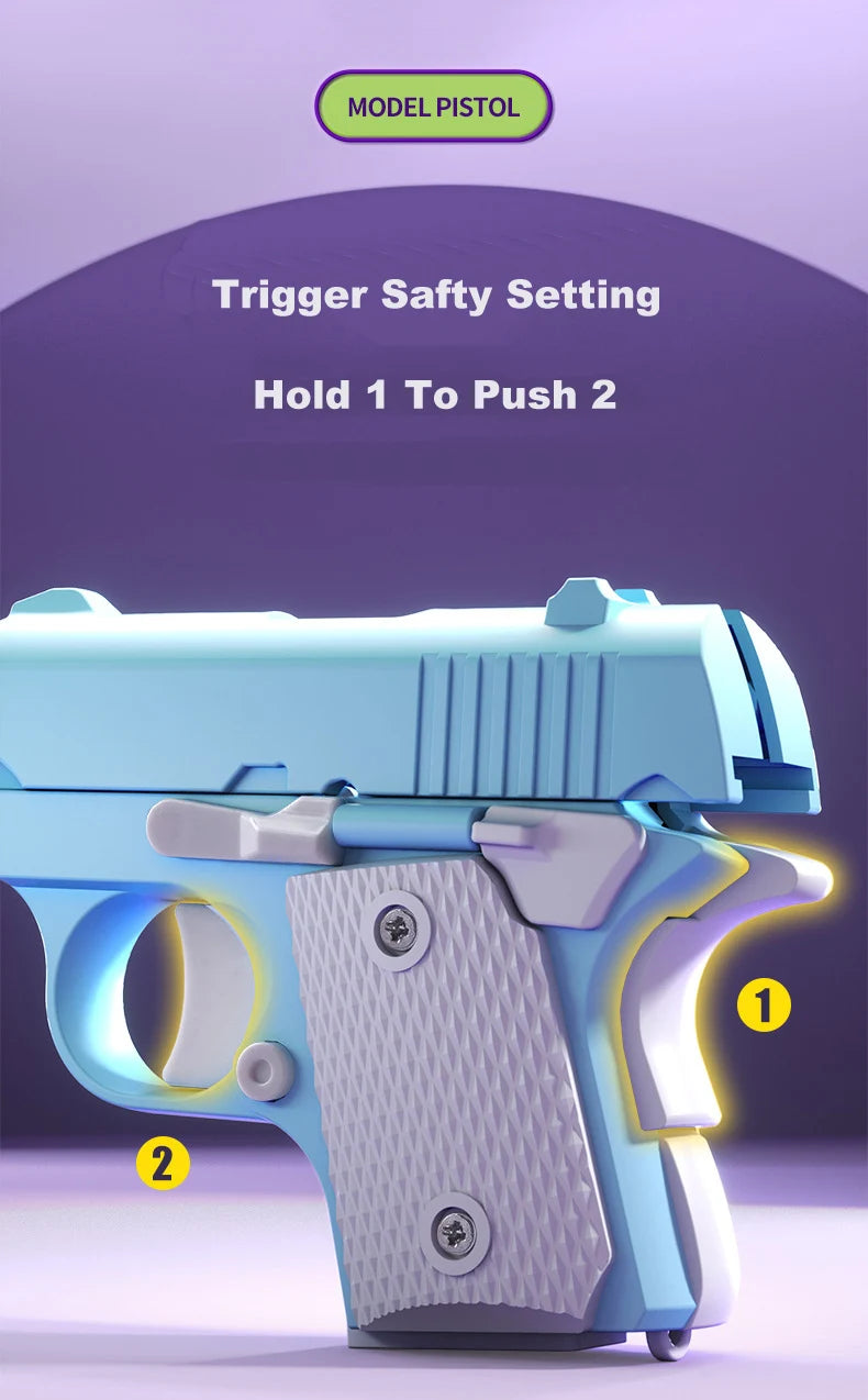 A light blue model pistol with a textured grip is shown, illustrating the trigger safety setting Hold 1 to Push 2.