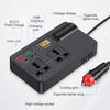 A black car power inverter with USB and Type-C ports, featuring a voltage display and cigarette lighter plug.
