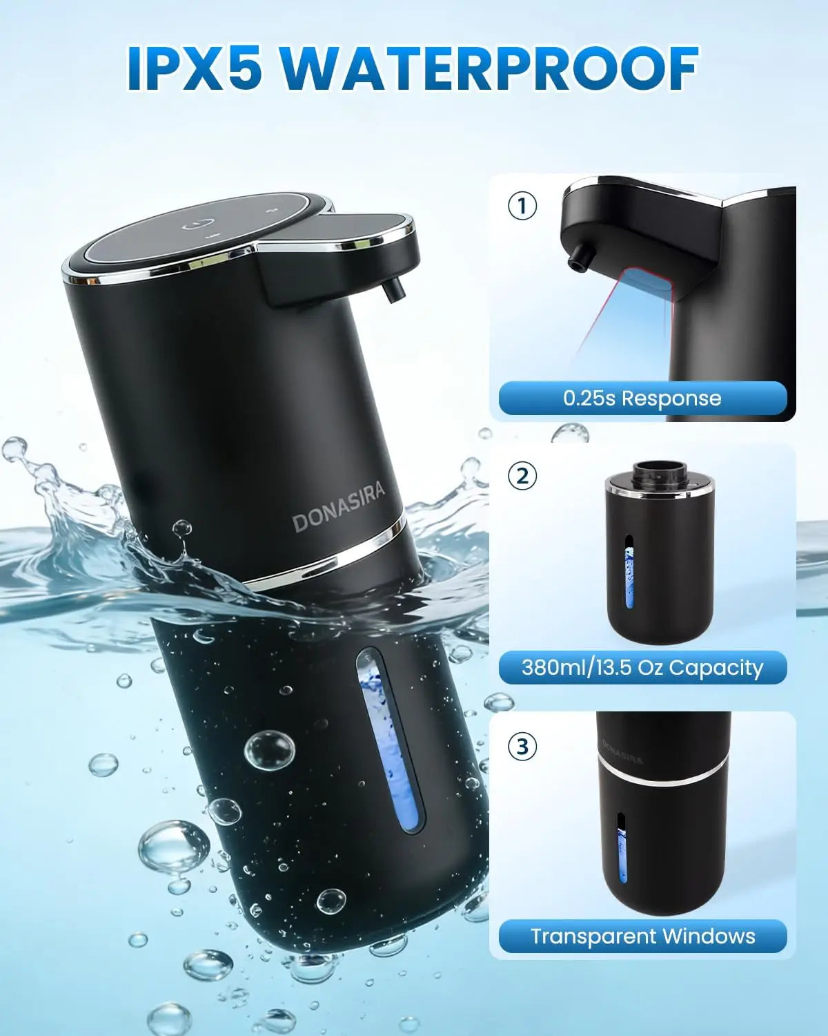 A black touchless automatic soap dispenser is shown being used in water, highlighting its waterproof design and transparent w