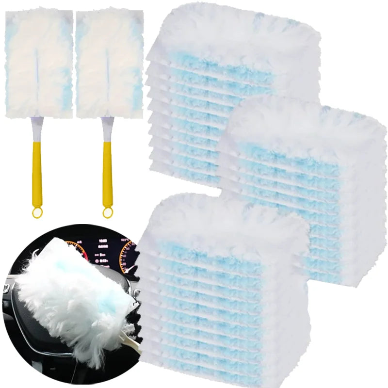 Set of white and light blue disposable microfiber duster refills for furniture and car surfaces