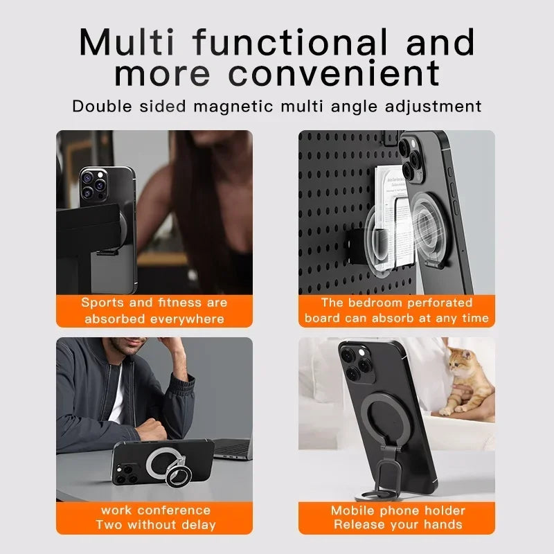 A multi functional magnetic phone holder and kickstand with 360 degree rotation shown in various contexts.