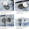 Step-by-step guide showing how to insert and thread adjustable metal buttons into denim jeans.