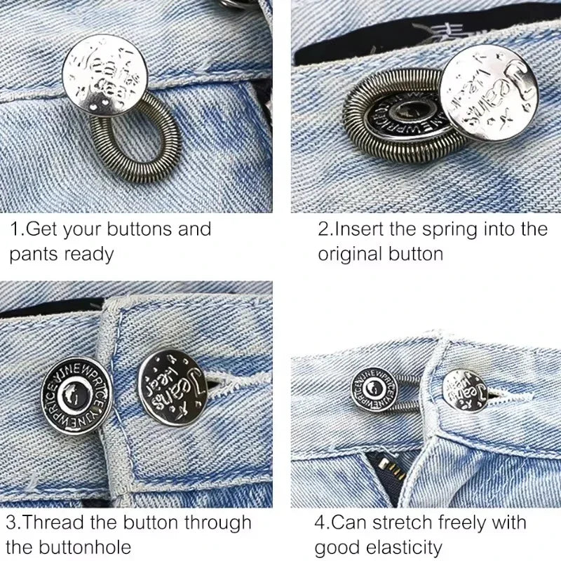 Step-by-step guide showing how to insert and thread adjustable metal buttons into denim jeans.