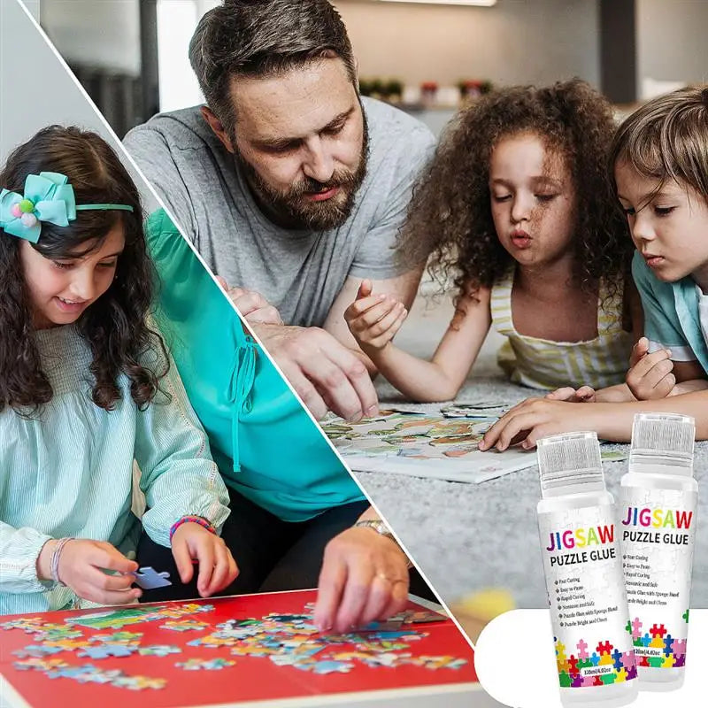 A man and two children are engaged in diamond painting, working on a colorful piece of art.