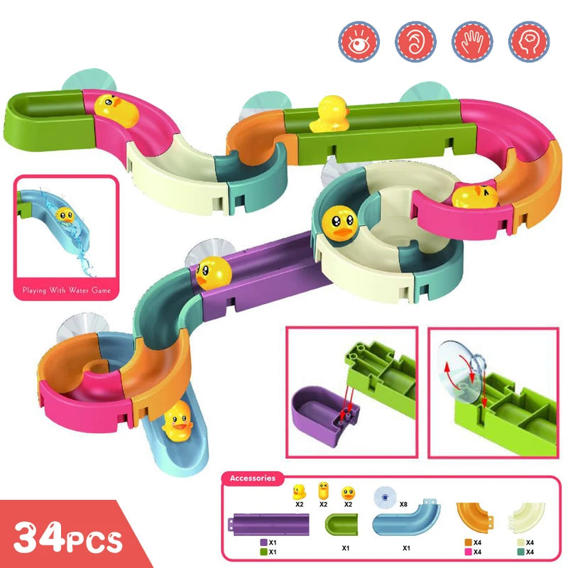 A set of colorful bath time duck slide toys for toddlers, including various slides and accessories.