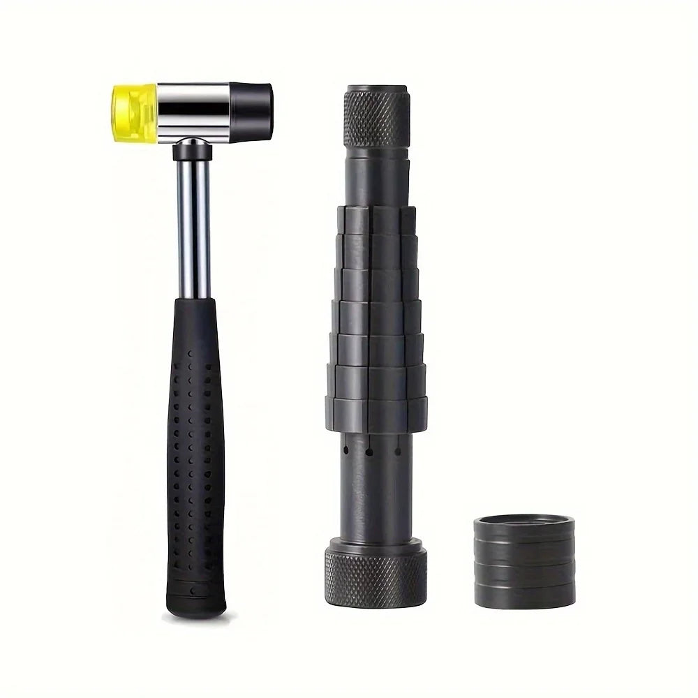 A black ring expander and sizing kit with a yellow-tipped hammer.