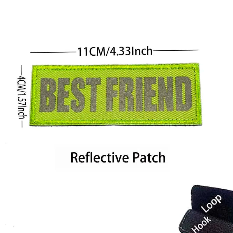 A bright lime green rectangular patch embroidered with the text BEST FRIEND and featuring reflective details.