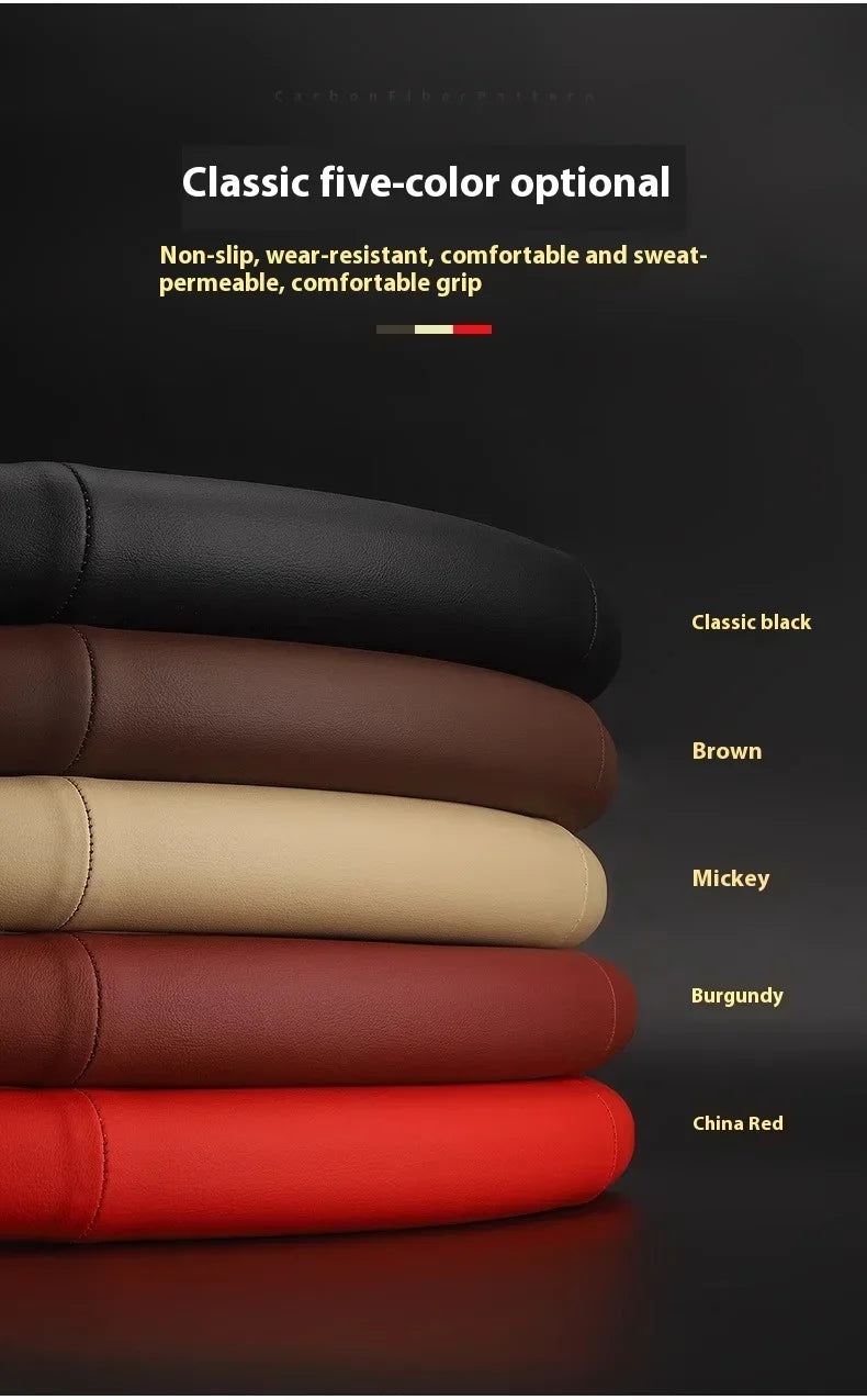 A lineup of five-color optional steering wheel covers in black, brown, Mickey, burgundy, and China red.