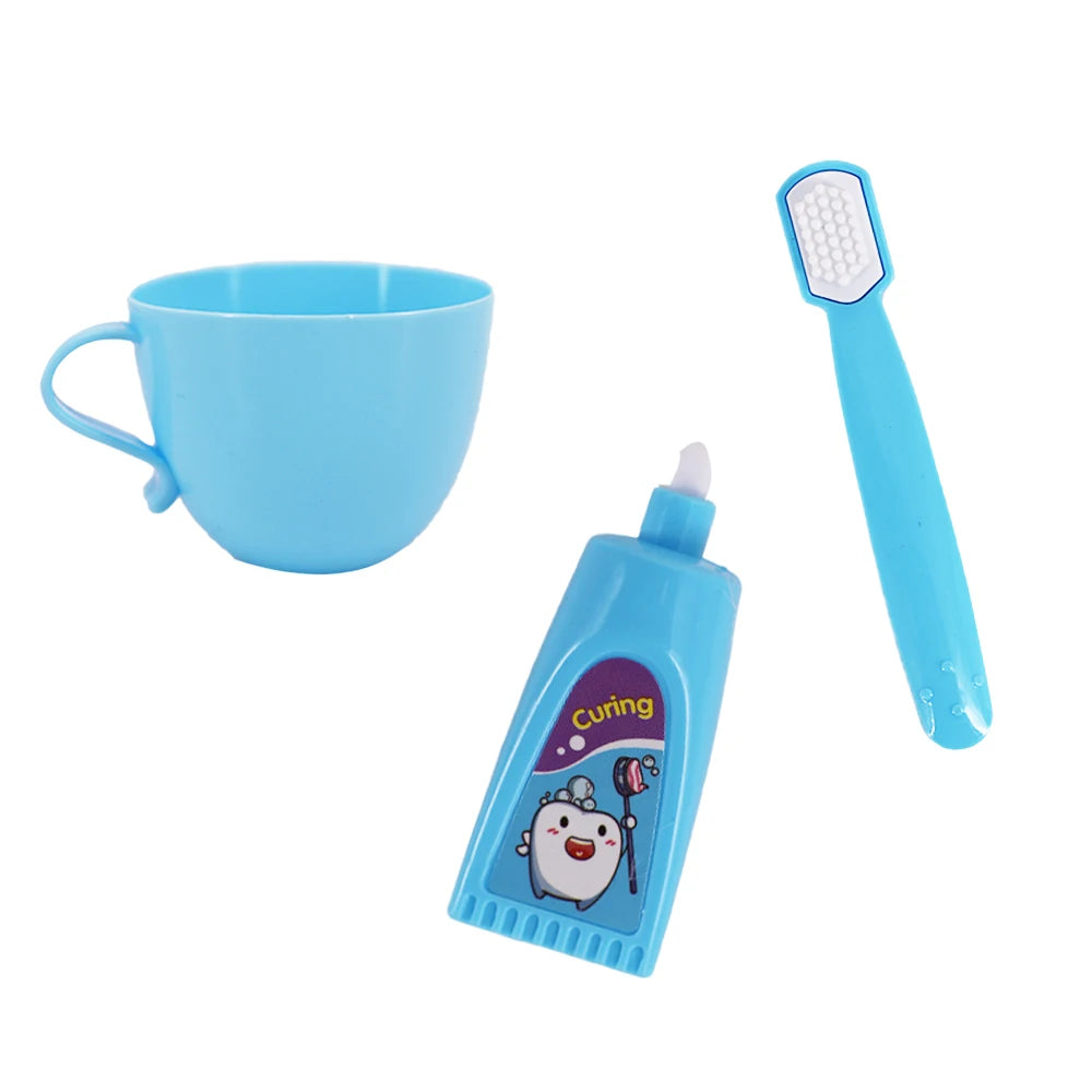 A blue ceramic cup, a blue toothbrush, and a blue curing tube are shown.