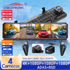 A black OBDPeak 4-camera dash cam system with a large screen and mounting accessories shown in use on a road.