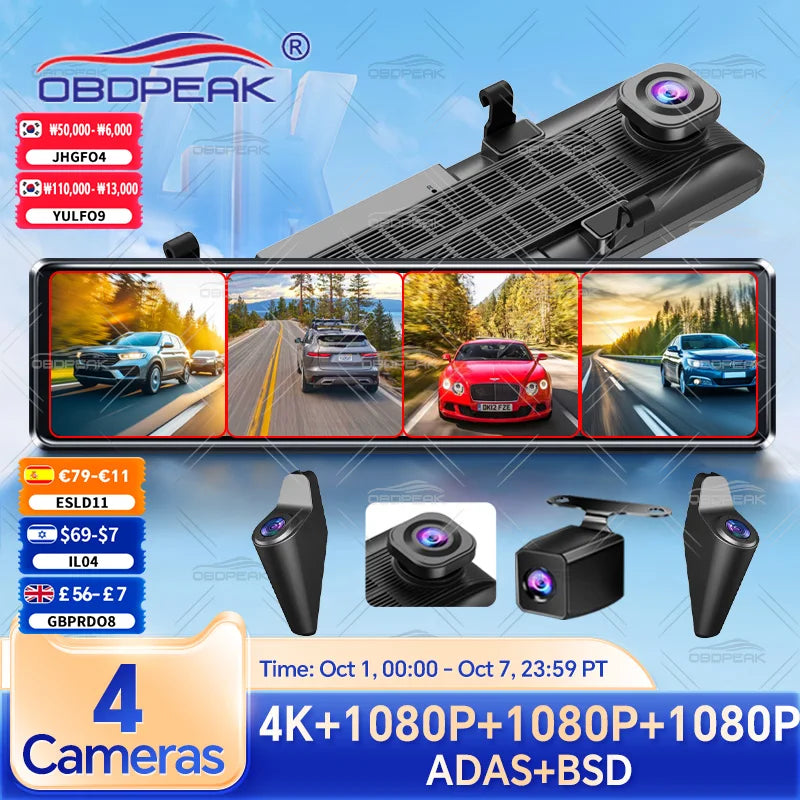 A black OBDPeak 4-camera dash cam system with a large screen and mounting accessories shown in use on a road.