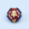 A metallic red and blue spinning top featuring a gold cross design.
