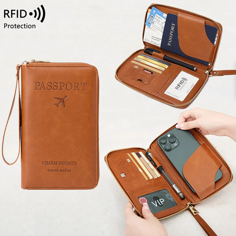 A brown leather passport wallet and passport holder are shown with an RFID protection feature.