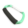 Heavy-duty aluminum stroller hooks featuring a green finish and a black comfort grip.
