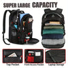 A black travel backpack with multiple compartments and pockets shown in various views.