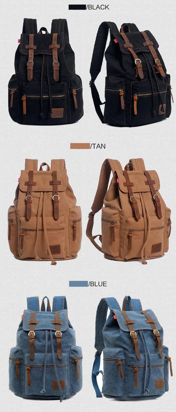 Vintage Canvas Backpack with Leather Accents – Large Capacity Travel & Laptop Bag