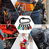 A collection of magnetic hex bit holders and a quick-release chuck keychain displayed on various tools and gear.