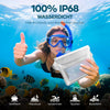 A woman wearing goggles holds a white waterproof pouch underwater with a thumbs-up gesture.