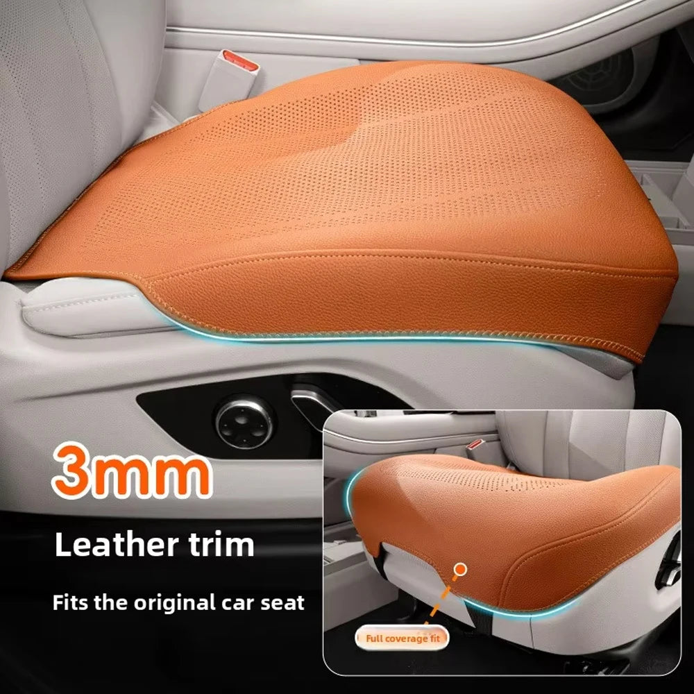 An orange leather trim cushion fits an original car seat, showing a 3mm thickness for all-season comfort.