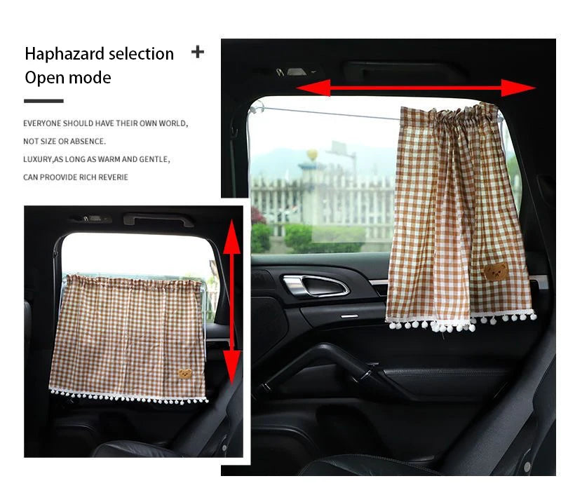 Interior view of a car showing cartoon bear sun shade curtains installed on the window.