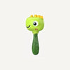 A bright lime green cartoon animal rattle toy with a large eye and yellow tufts on top.