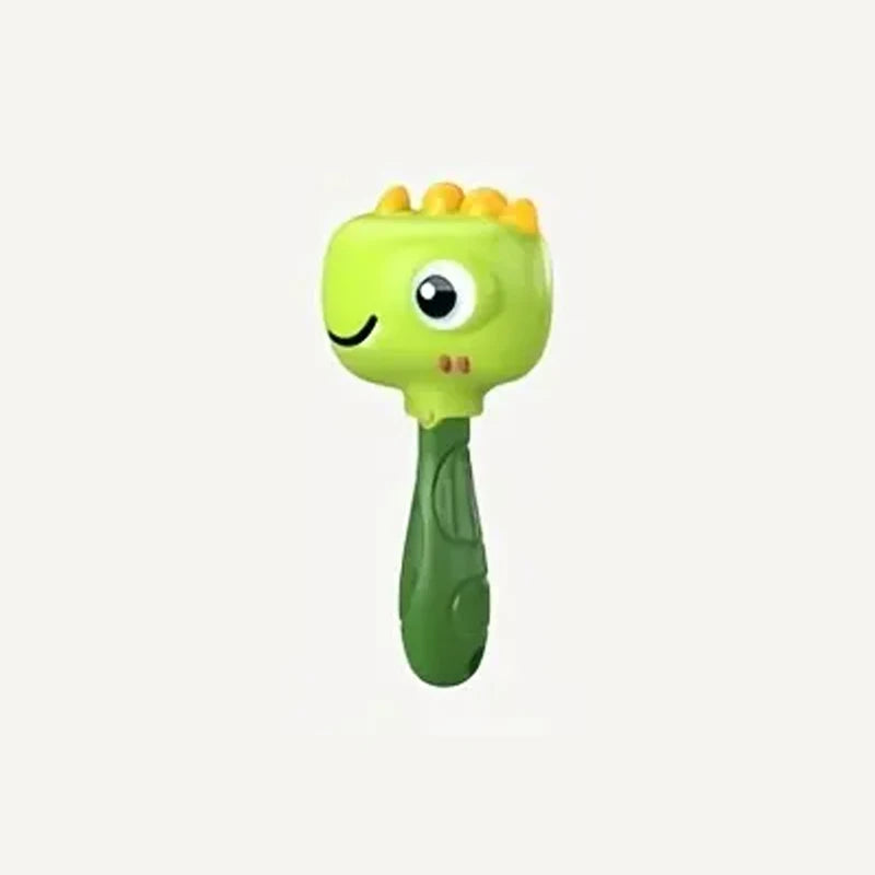 A bright lime green cartoon animal rattle toy with a large eye and yellow tufts on top.