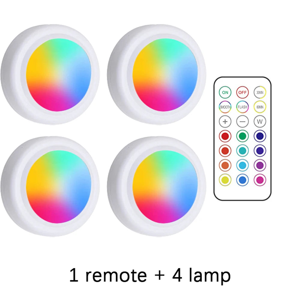 Four colored RGB LED lamps and one remote control for under cabinet lighting