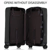 A black suitcase opens without disassembly, showing the interior and a zipper detail.