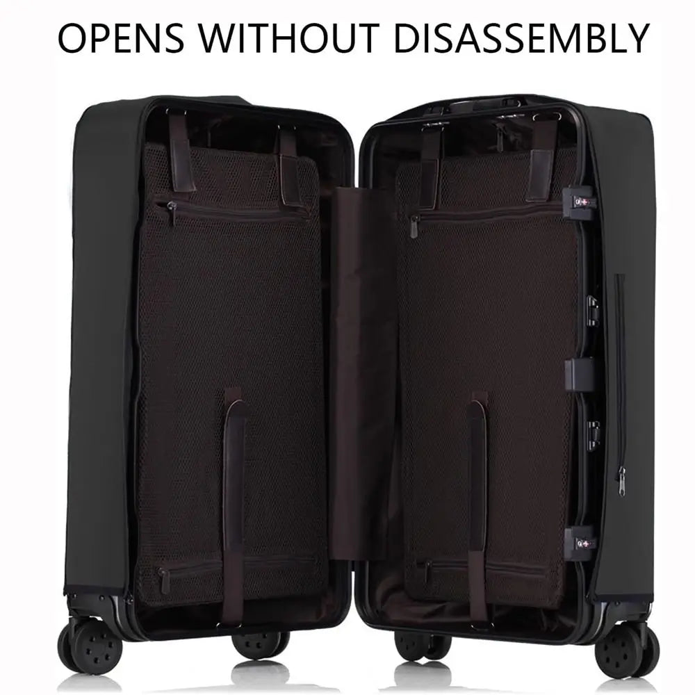 A black suitcase opens without disassembly, showing the interior and a zipper detail.
