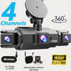 A multi-channel dash camera with four lenses and a 360-degree view, shown with accessories.