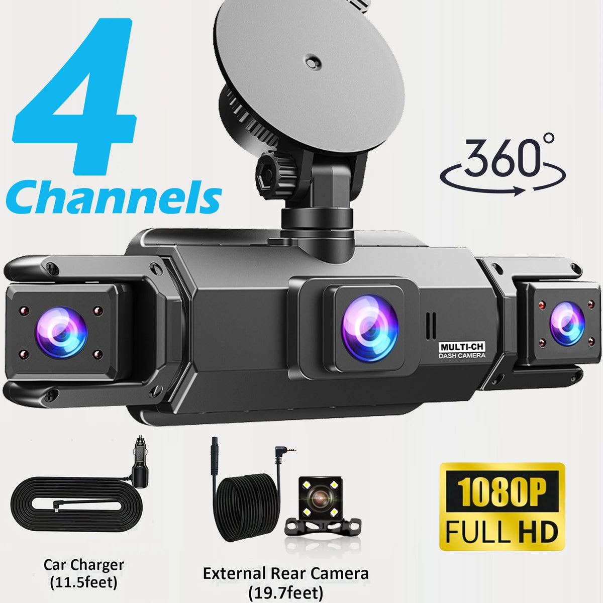 A multi-channel dash camera with four lenses and a 360-degree view, shown with accessories.