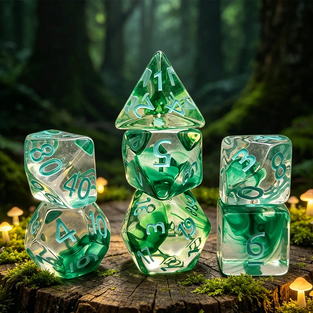 A set of seven fresh green polyhedral gaming dice resting on a wooden surface surrounded by moss and forest elements.