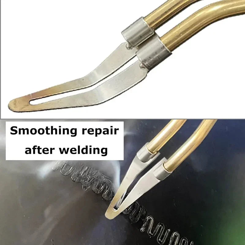 A pair of metal pliers with smooth tips used for smoothing repair after welding.