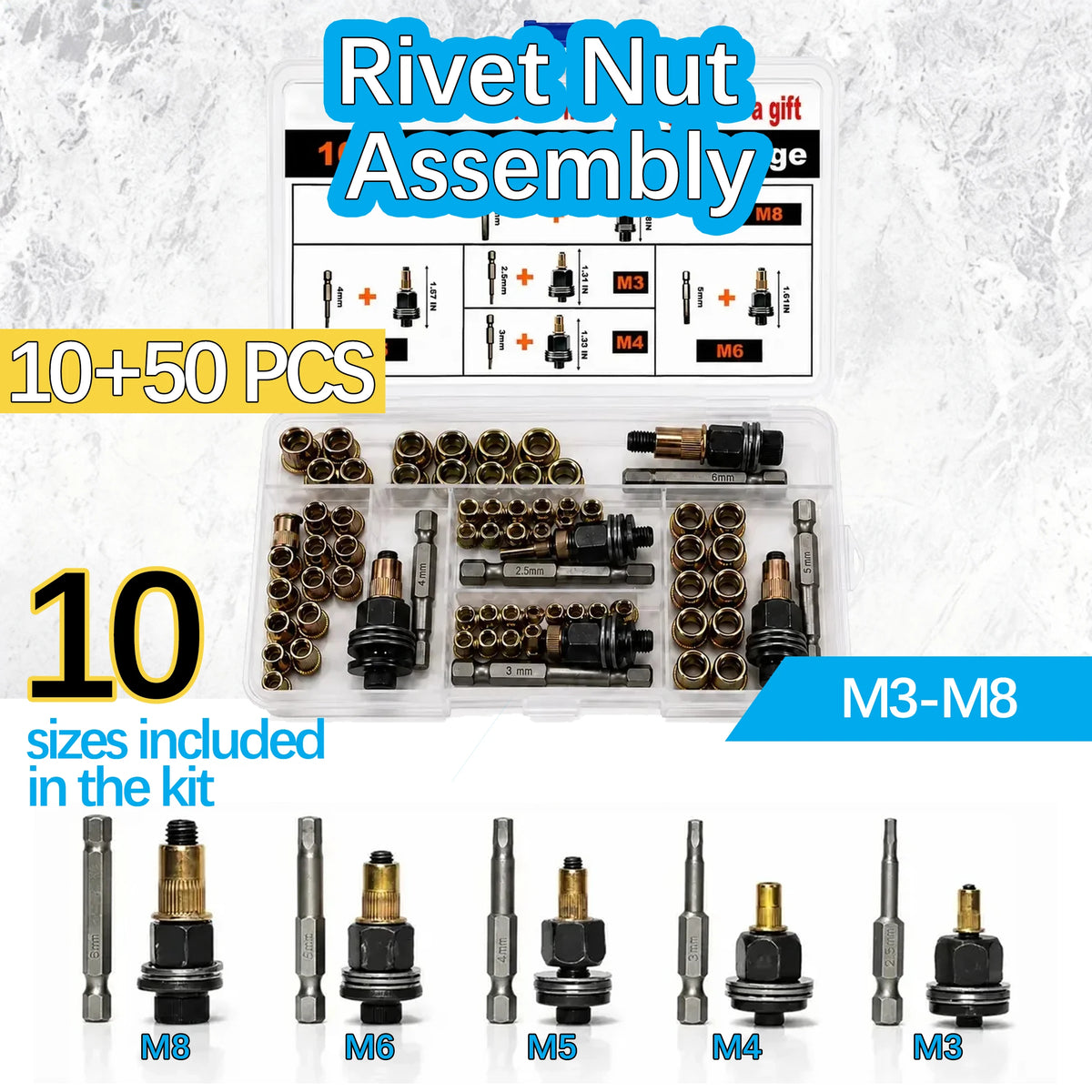 A kit for rivet nut assembly showing various sizes of rivets including M8, M6, M5, M4, and M3 with tools.