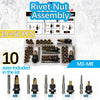 A kit for rivet nut assembly showing various sizes M3 to M8, including nuts and tools.