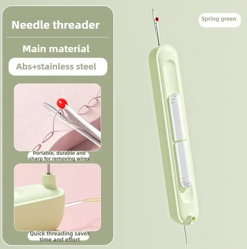 A light green needle threader tool made of ABS and stainless steel with a spring green wire.