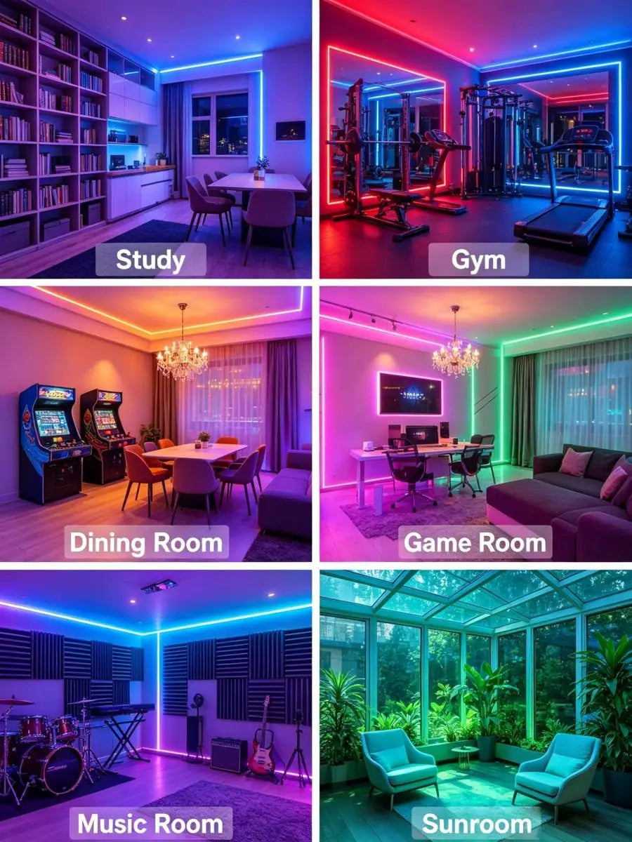 A collage of various themed rooms including a study, gym, dining room, game room, music room, and sunroom, all illuminated wi
