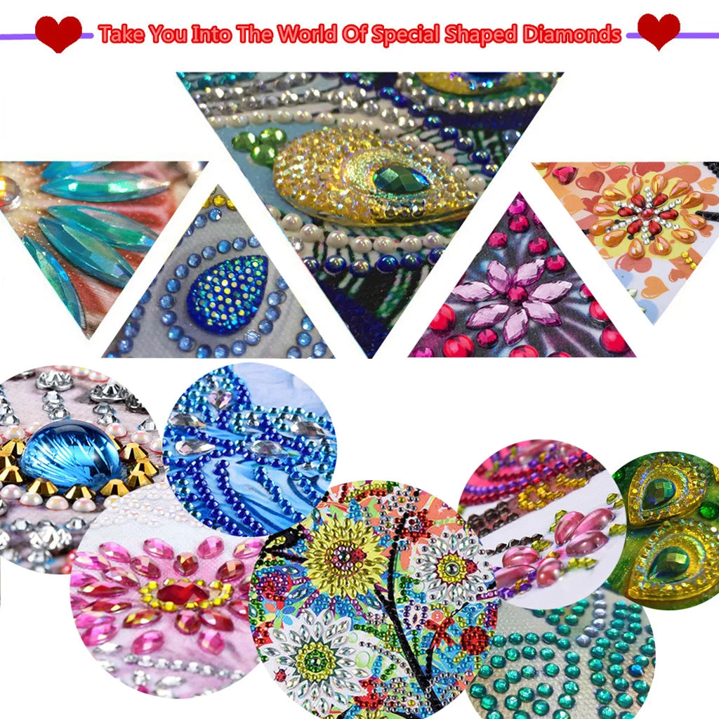 A collection of eight colorful diamond art coasters featuring various gemstone and floral designs.