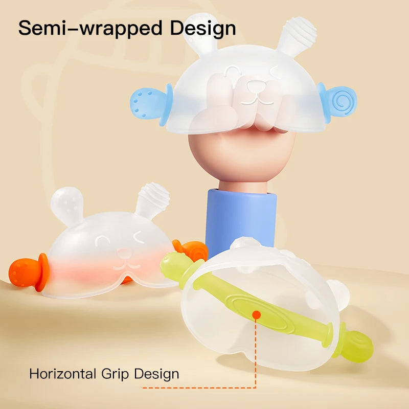A white bunny-shaped baby teether with a semi-wrapped design and horizontal grip is shown in various forms.