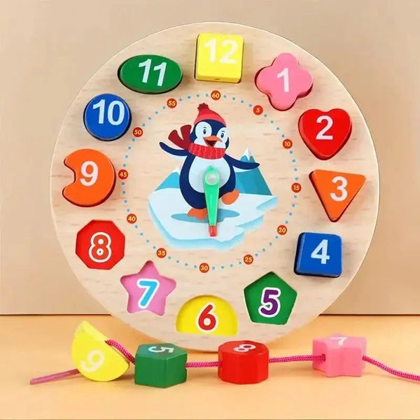 A wooden clock puzzle with numbered shapes from 1 to 12 arranged around a central figure and various colored wooden blocks.