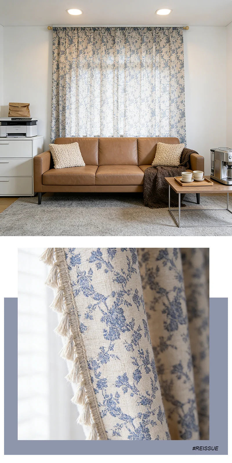 Close-up of a light blue and beige cotton-linen retro floral curtain with fringed tassels.