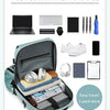 A teal multi compartment storage backpack showing various items like a laptop, shoes, and accessories.