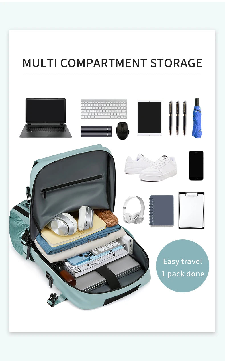 A teal multi compartment storage backpack showing various items like a laptop, shoes, and accessories.