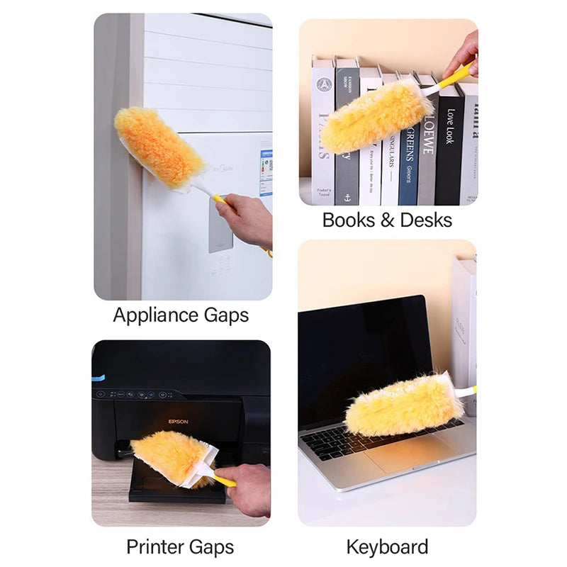 A yellow electrostatic duster is shown cleaning gaps around appliances, printers, and keyboards.