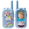 A pair of blue kids video walkie talkies with HD cameras and rechargeable batteries shown in a light blue casing.