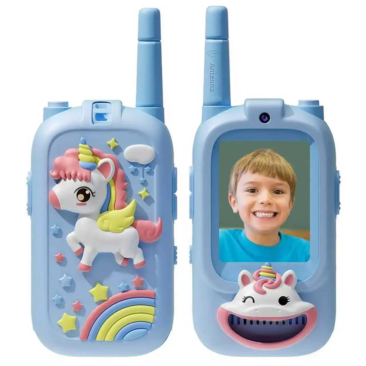 A pair of blue kids video walkie talkies with HD cameras and rechargeable batteries shown in a light blue casing.