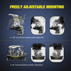 Freely adjustable mounting brackets for LED work lights showing 180 degree and 60 degree light angle adjustments.