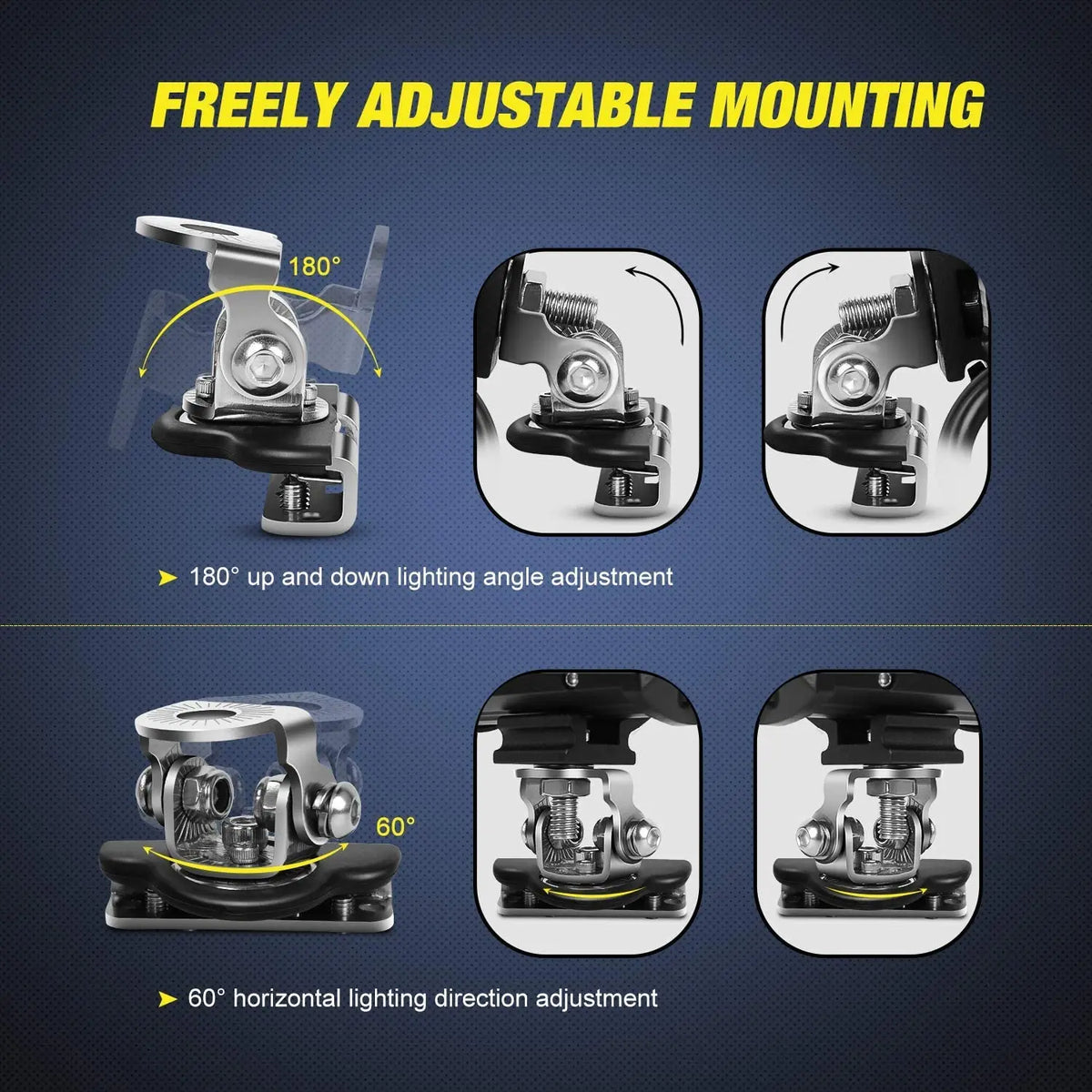 Freely adjustable mounting brackets for LED work lights showing 180 degree and 60 degree light angle adjustments.