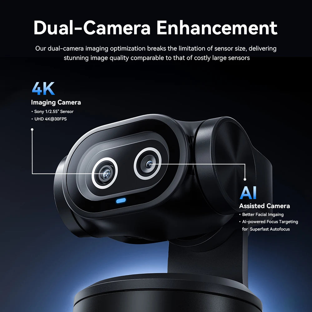 A black AI-powered 4K dual-camera PTZ webcam with two visible lenses and a focus indicator.