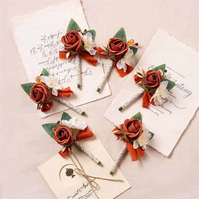 Burnt Orange Silk Boutonniere Set for Wedding Groom and Groomsmen